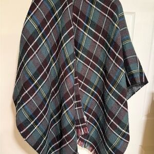Plaid Fringe Wool Blend Poncho in Teal & Burgundy. One size